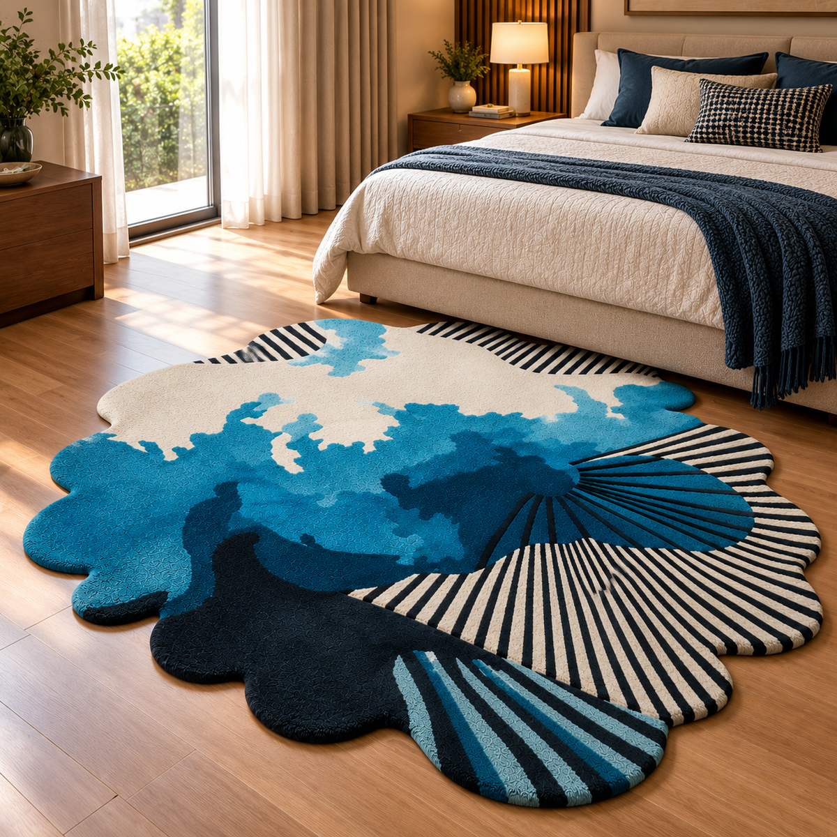 Artistic Blue New Zealand Wool & Art Silk Rug | Bold Geometric & Expressive Abstract Pattern (GG)