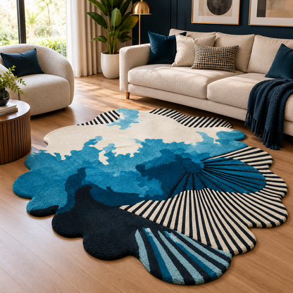 Artistic Blue New Zealand Wool & Art Silk Rug | Bold Geometric & Expressive Abstract Pattern (GG)