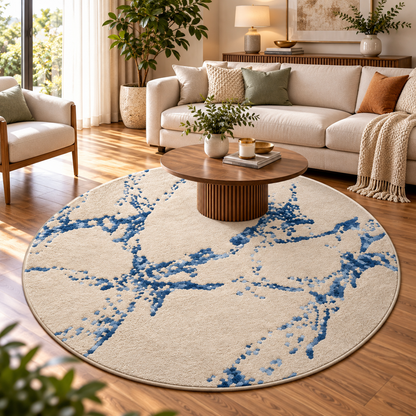 Azure Marble Round Rug - 3*3 ft | Flowing Azure Marble Veining Pattern (GG)