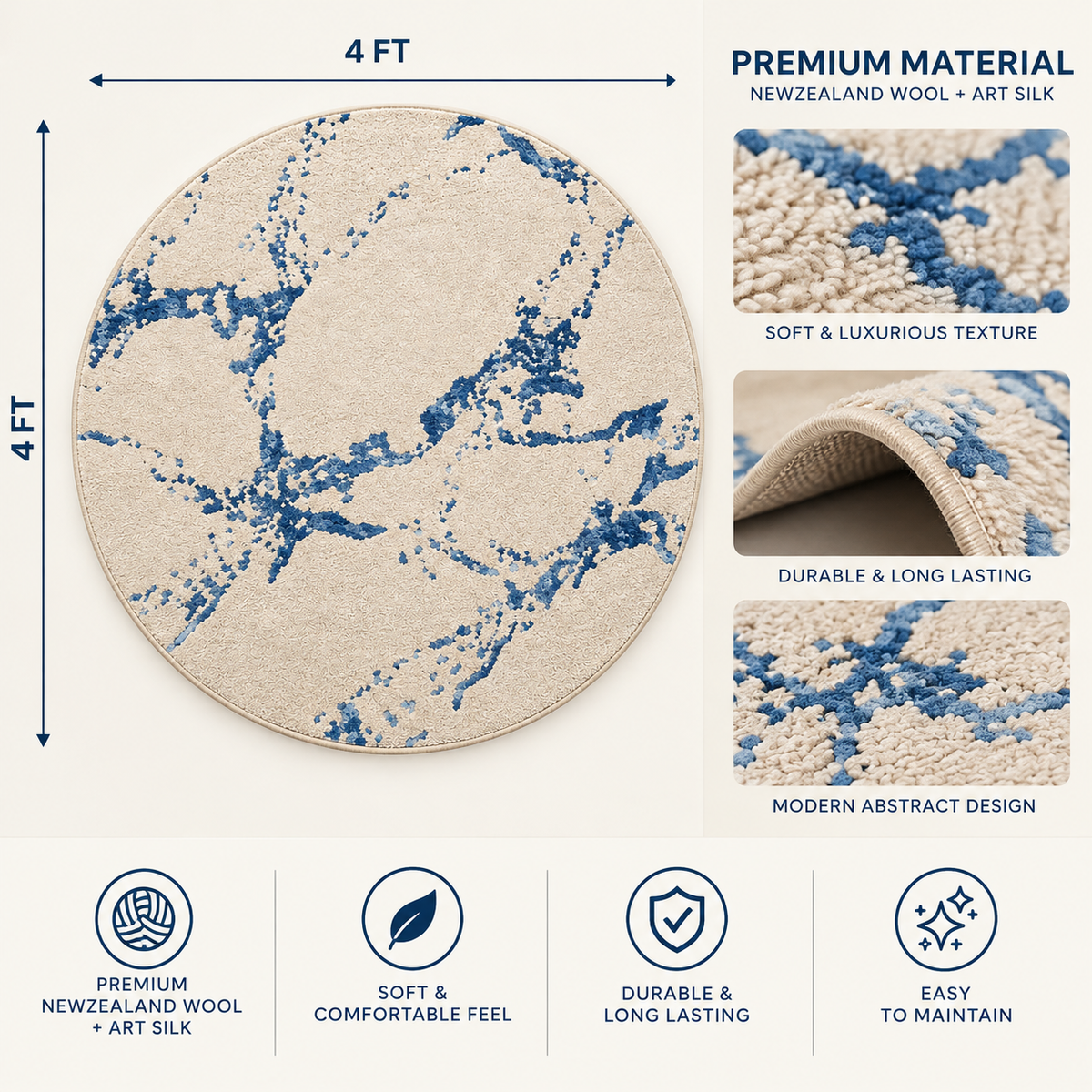 Azure Marble Round Rug - 3*3 ft | Flowing Azure Marble Veining Pattern (GG)