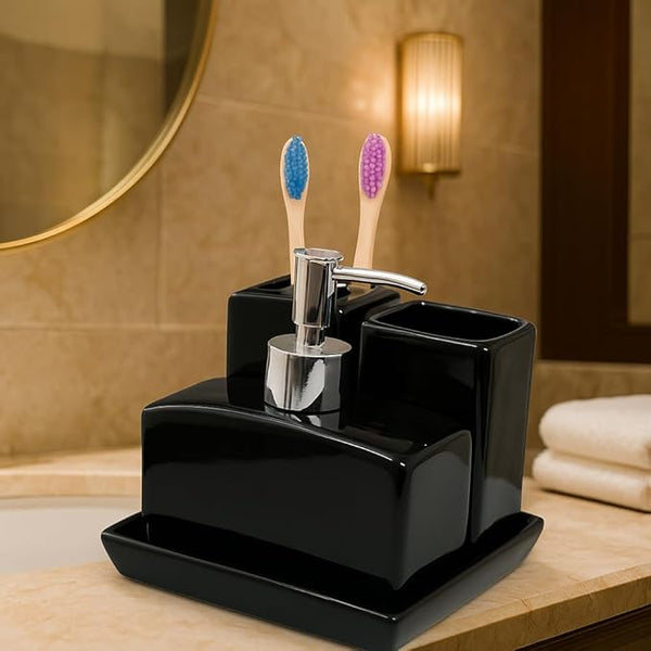 Modern Bath Accessories Set - 1 Soap Dispenser + Toothbrush Holder + 1 Tumblers + 1 Soap Dish (W)