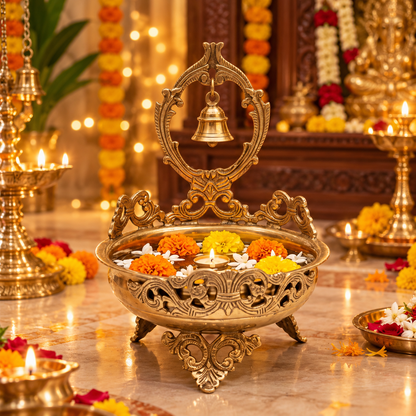 Brass Urli Bowl with Hanging Bell for Pooja & Home Décor - (DZ)