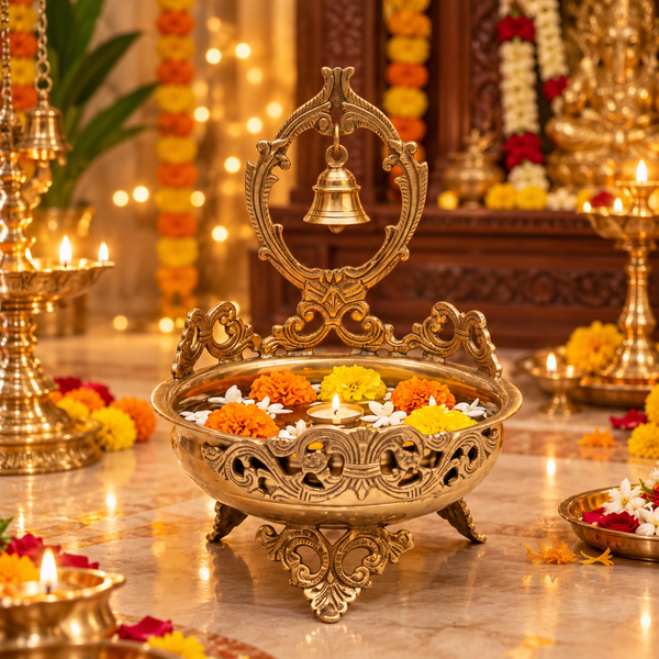 Brass Urli Bowl with Hanging Bell for Pooja & Home Décor - (DZ)
