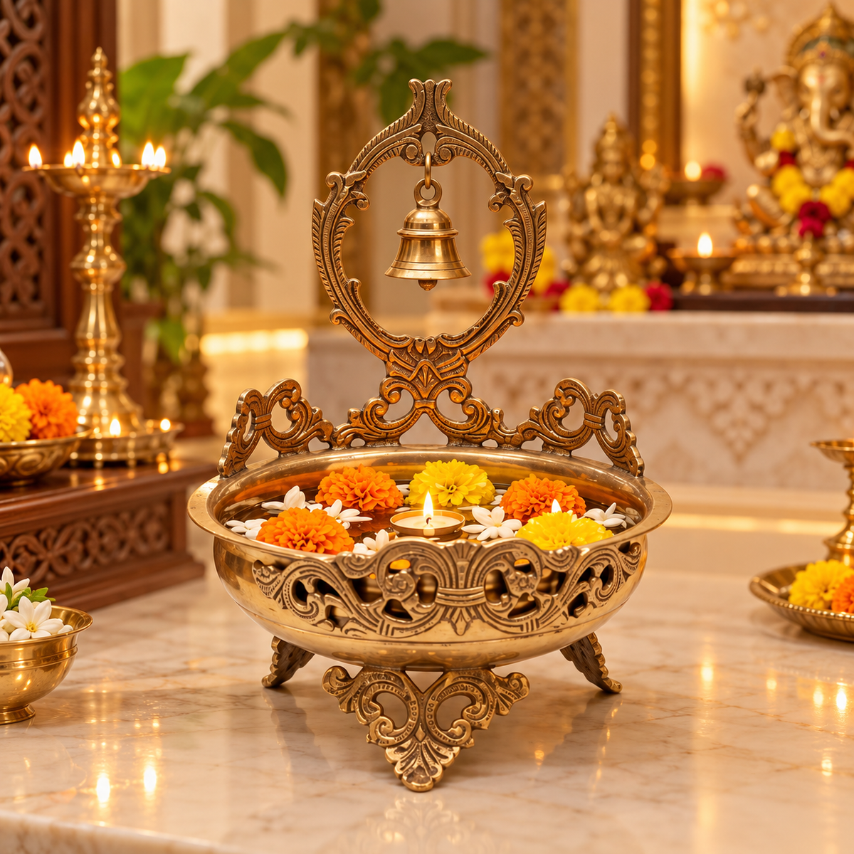 Brass Urli Bowl with Hanging Bell for Pooja & Home Décor - (DZ)
