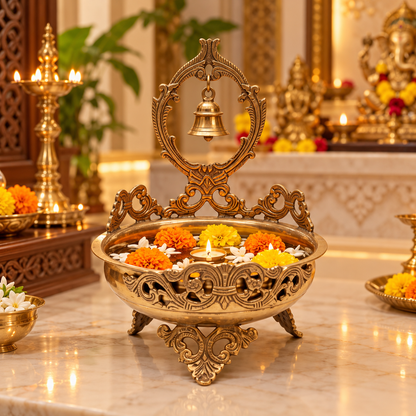 Brass Urli Bowl with Hanging Bell for Pooja & Home Décor - (DZ)