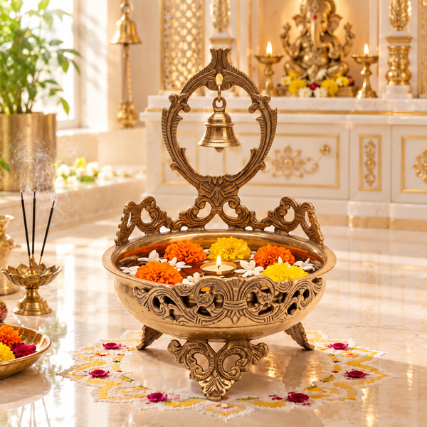 Brass Urli Bowl with Hanging Bell for Pooja & Home Décor - (DZ)