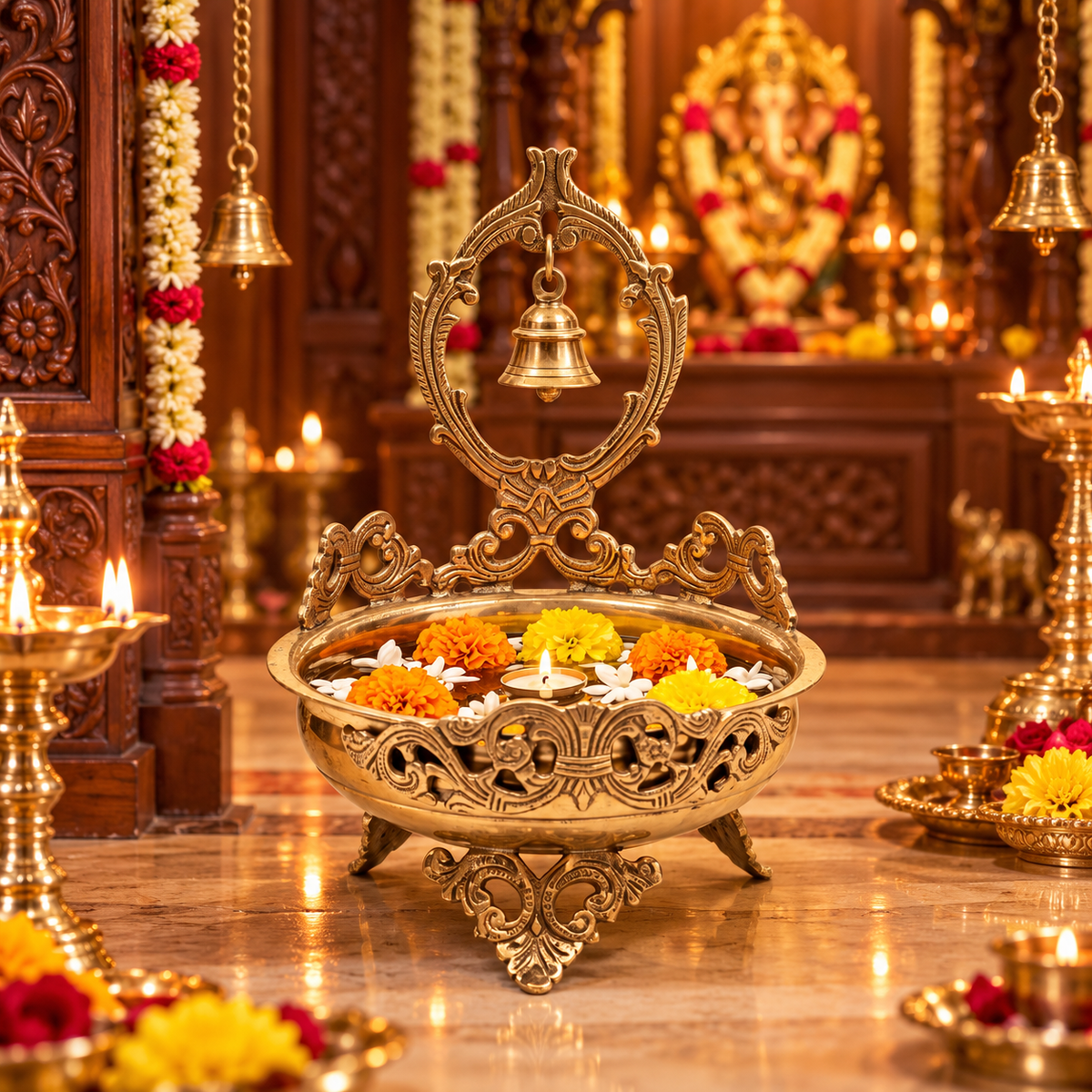 Brass Urli Bowl with Hanging Bell for Pooja & Home Décor - (DZ)