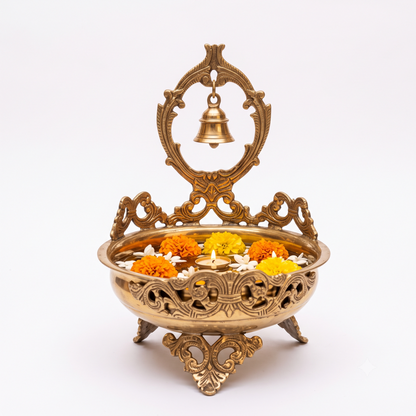 Brass Urli Bowl with Hanging Bell for Pooja & Home Décor - (DZ)