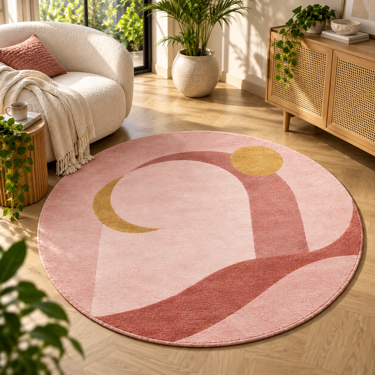 Celestial Landscape Blush Round Rug | Landscape with Moon, Sun & Flowing Ridges (GG)
