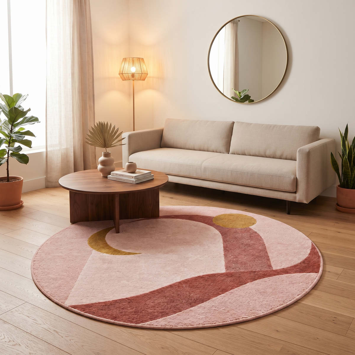 Celestial Landscape Blush Round Rug | Landscape with Moon, Sun & Flowing Ridges (GG)