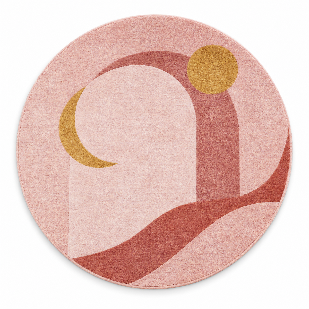 Celestial Landscape Blush Round Rug | Landscape with Moon, Sun & Flowing Ridges (GG)