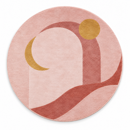 Celestial Landscape Blush Round Rug | Landscape with Moon, Sun & Flowing Ridges (GG)