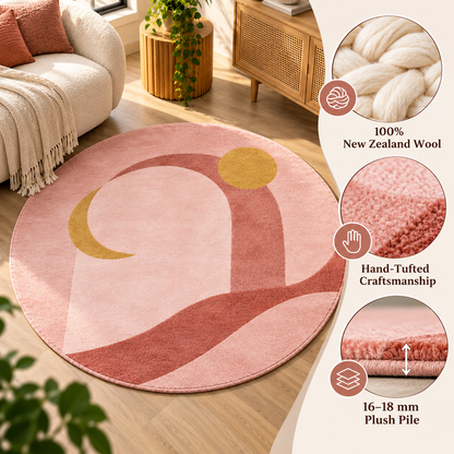 Celestial Landscape Blush Round Rug | Landscape with Moon, Sun & Flowing Ridges (GG)