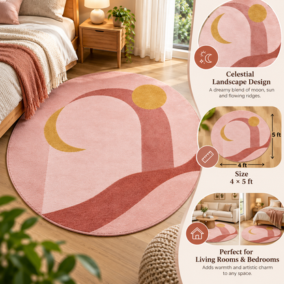 Celestial Landscape Blush Round Rug | Landscape with Moon, Sun & Flowing Ridges (GG)
