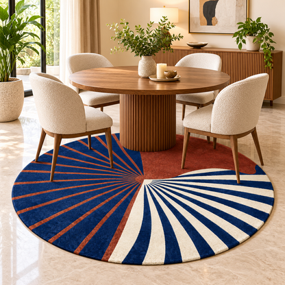 Cobalt Pinwheel Sunburst Round Rug | Asymmetrical Three-Panel Pinwheel Sunburst with Carved Grooves (GG)