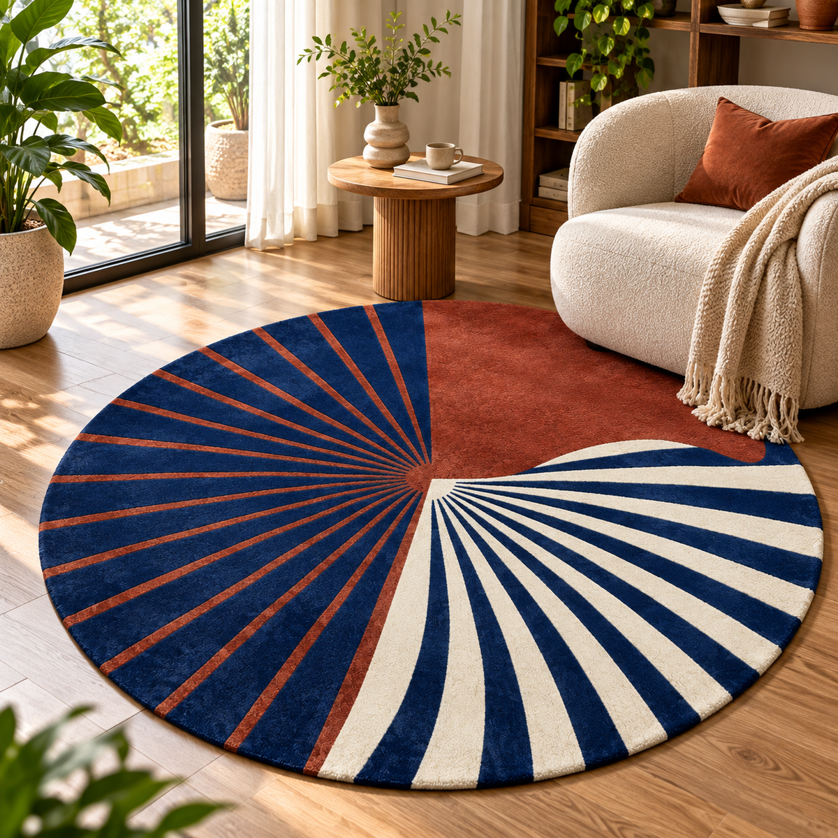Cobalt Pinwheel Sunburst Round Rug | Asymmetrical Three-Panel Pinwheel Sunburst with Carved Grooves (GG)