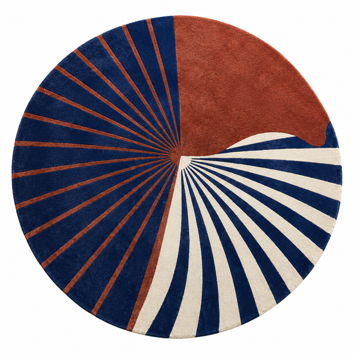 Cobalt Pinwheel Sunburst Round Rug | Asymmetrical Three-Panel Pinwheel Sunburst with Carved Grooves (GG)