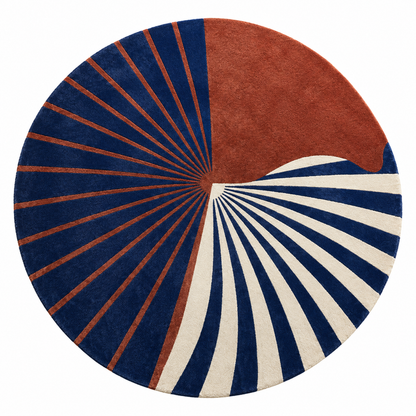 Cobalt Pinwheel Sunburst Round Rug | Asymmetrical Three-Panel Pinwheel Sunburst with Carved Grooves (GG)