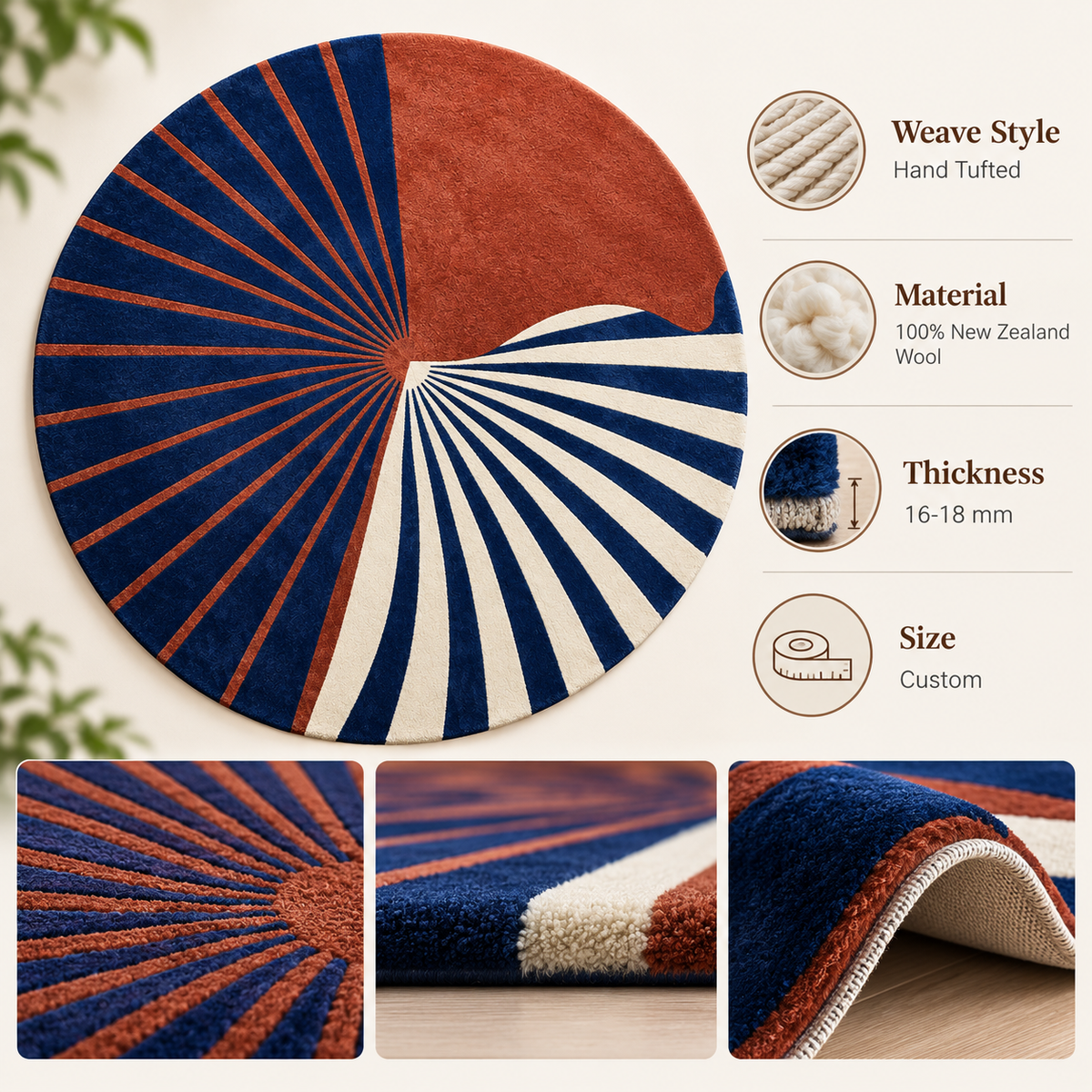 Cobalt Pinwheel Sunburst Round Rug | Asymmetrical Three-Panel Pinwheel Sunburst with Carved Grooves (GG)