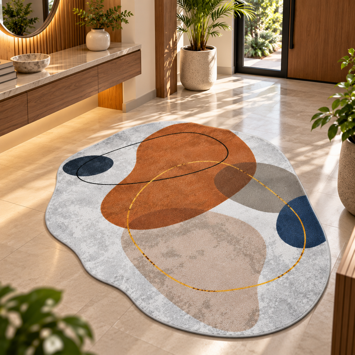 Contemporary Organic Abstract Rug | Fluid Organic Shapes with Artistic Curved Lines (GG)