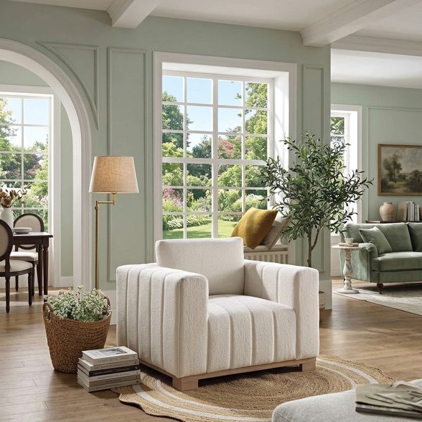 Dapi Beige Boucle 1-Seater Sofa with Wooden Base W 90 x D 87 x H 79 cm - (OT)