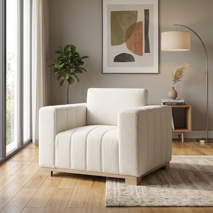 Dapi Beige Boucle 1-Seater Sofa with Wooden Base W 90 x D 87 x H 79 cm - (OT)