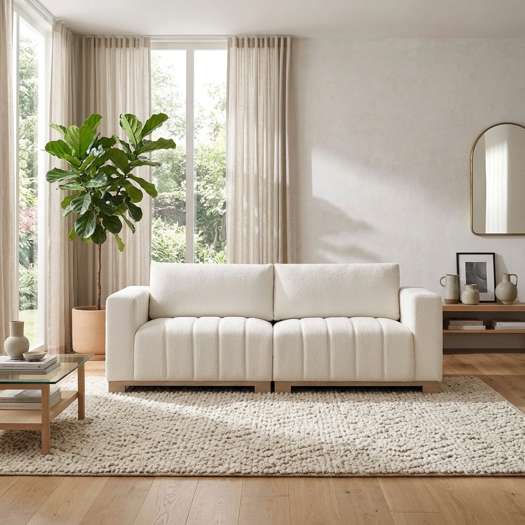 Dapi Beige Boucle 3-Seater Sofa W 210 x D 87 x H 79 cm - (OT)