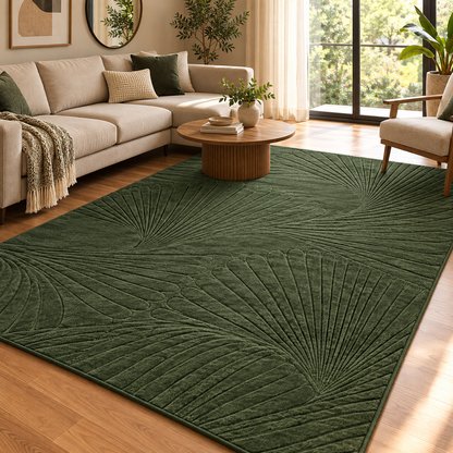 Forest Green Rug | Flowing Leaf-Inspired Embossed Pattern (GG)