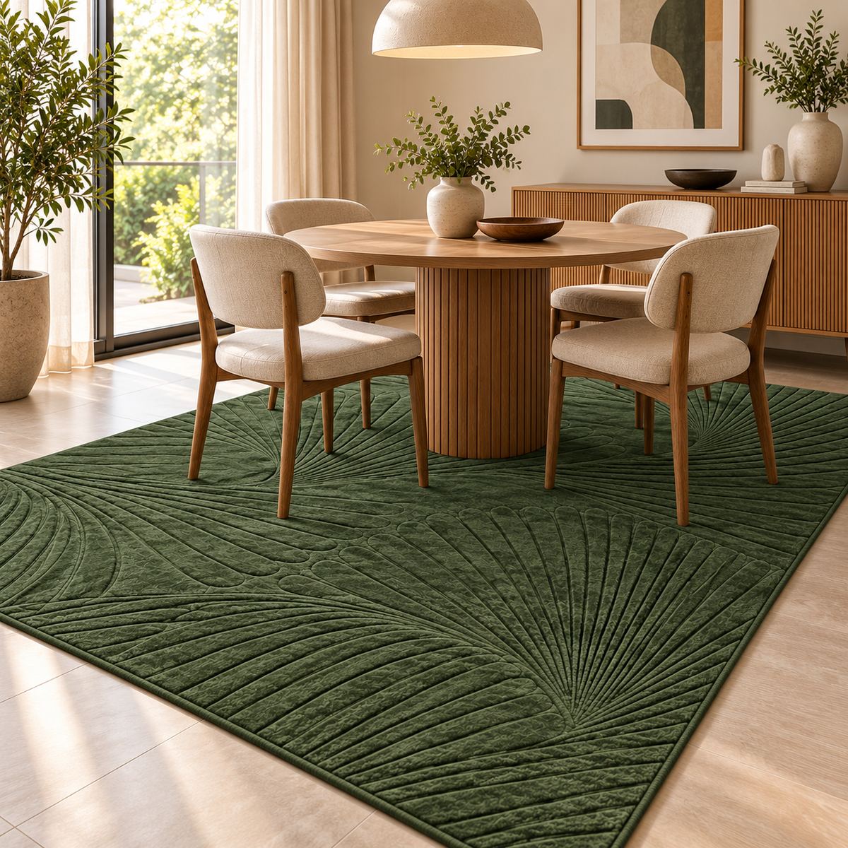 Forest Green Rug | Flowing Leaf-Inspired Embossed Pattern (GG)