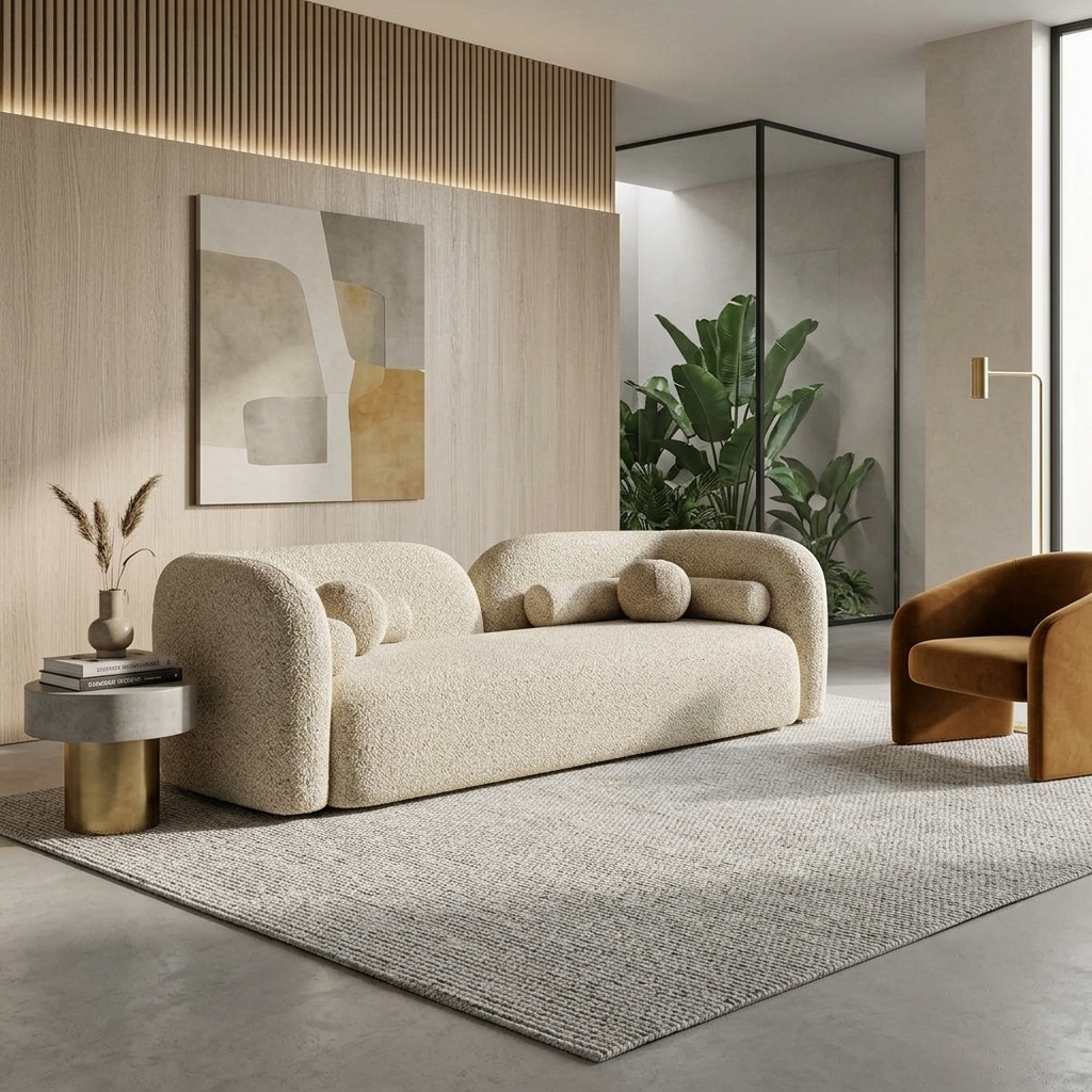 Freya Asymmetric Curved Bouclé 3-Seater Sofa (2100mm) - (NO)