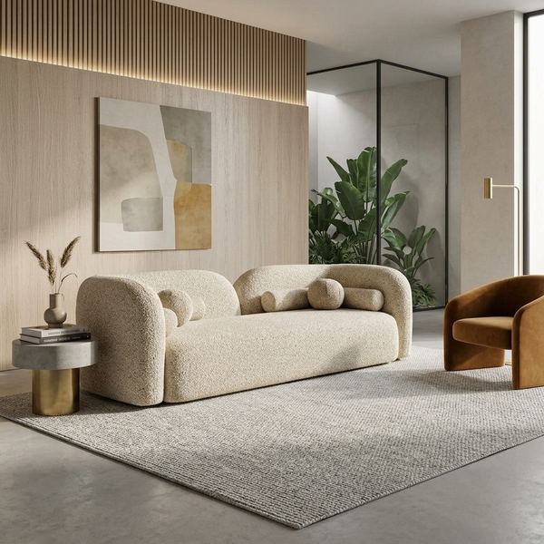 Freya Asymmetric Curved Bouclé 3-Seater Sofa (2100mm) - (NO)