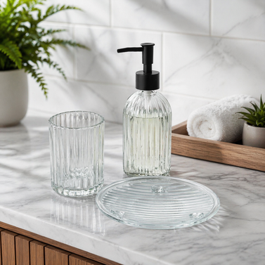 The Clear Fluted Glass Bathroom Accessory Set - 1 Soap Dispenser + 1 Tumblers + 1 Soap Dish (W)