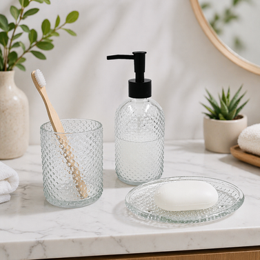The Hobnail Bead Clear Glass Bathroom Accessory Set - 1 Soap Dispenser + 1 Tumblers + 1 Soap Dish (W)