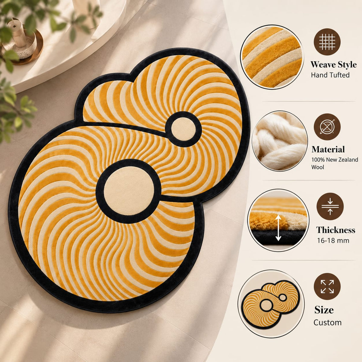 Golden Orbit Wave Rug | Flowing Concentric Wave & Overlapping Circular Forms (GG)