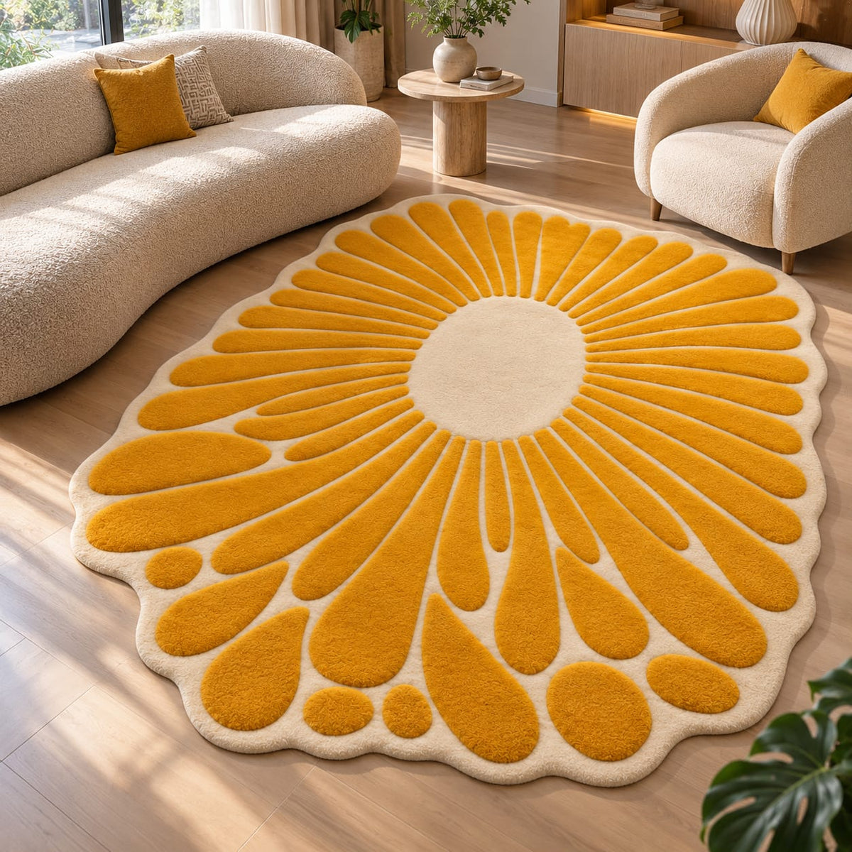 Golden Sunburst Bloom Rug | Flowing Sunburst Bloom Petal Pattern (GG)