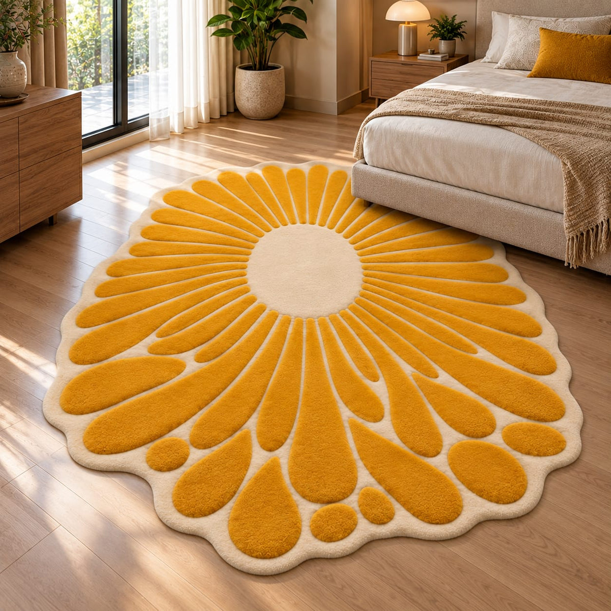 Golden Sunburst Bloom Rug | Flowing Sunburst Bloom Petal Pattern (GG)