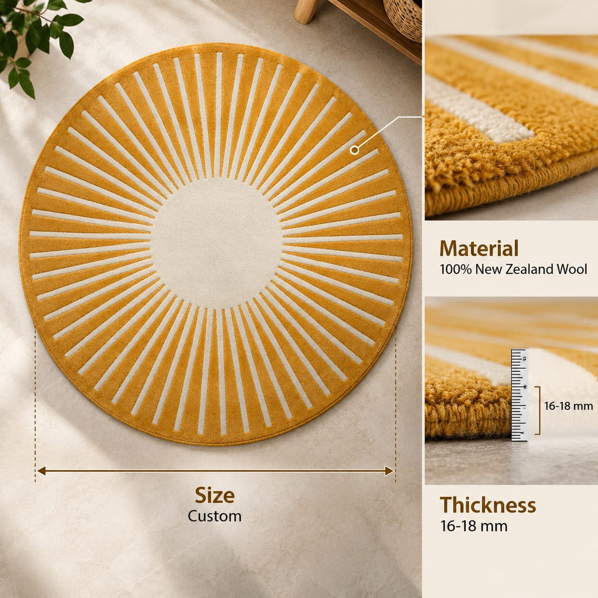 Golden Sunburst Rug | Circular Radial Line Pattern (GG)