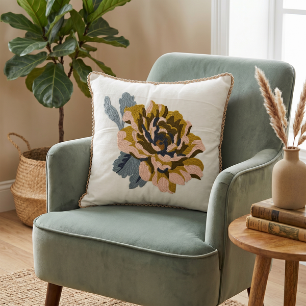 Textured Embroidered Large Flower Cushion Cover - 16x16 Inches (CD)