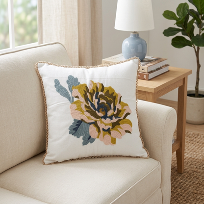 Textured Embroidered Large Flower Cushion Cover - 16x16 Inches (CD)