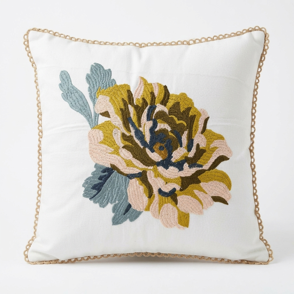Textured Embroidered Large Flower Cushion Cover - 16x16 Inches (CD)