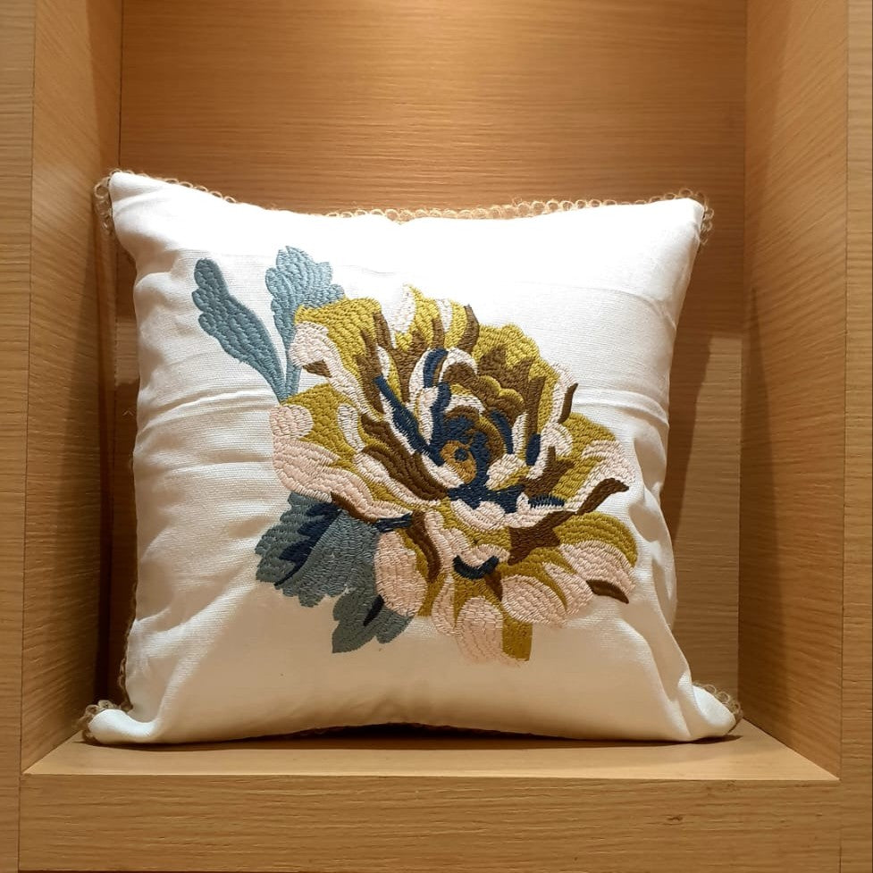 Textured Embroidered Large Flower Cushion Cover - 16x16 Inches (CD)