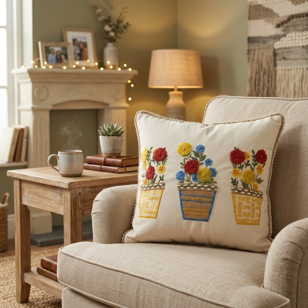 Embroidered Flowerpots Cushion Cover - 16x16 Inches (CD)