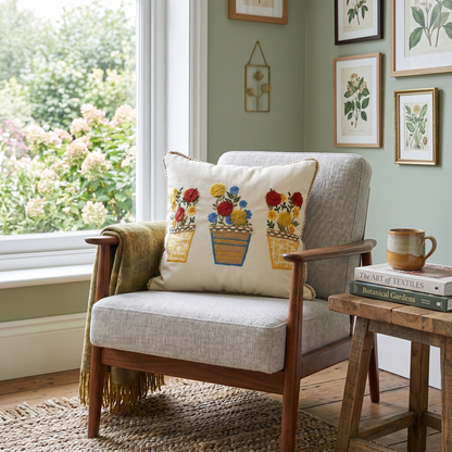Embroidered Flowerpots Cushion Cover - 16x16 Inches (CD)