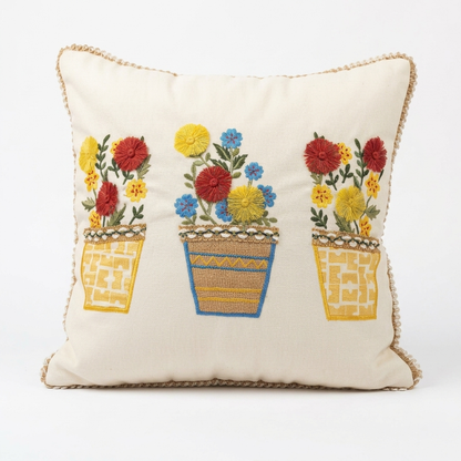 Embroidered Flowerpots Cushion Cover - 16x16 Inches (CD)