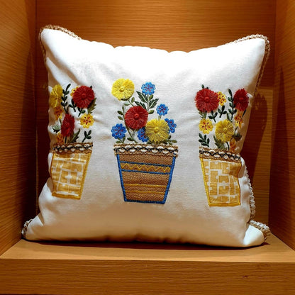 Embroidered Flowerpots Cushion Cover - 16x16 Inches (CD)