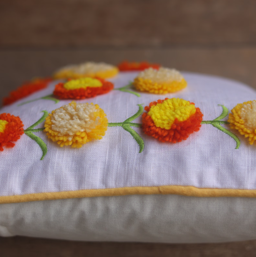 Tufted Pompom Flower Cushion Cover - 16x16 Inches (CD)