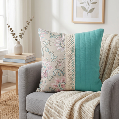 Teal and Floral Panel Cushion Cover - 16x16 Inches (CD)