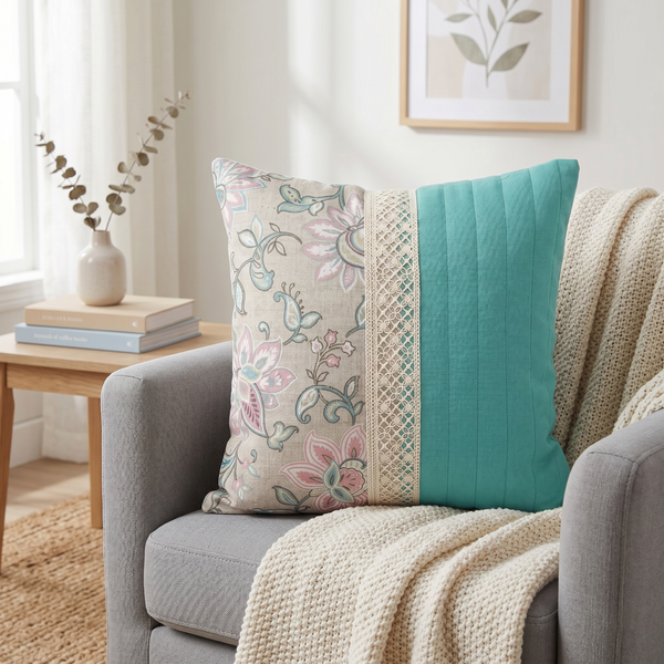 Teal and Floral Panel Cushion Cover - 16x16 Inches (CD)