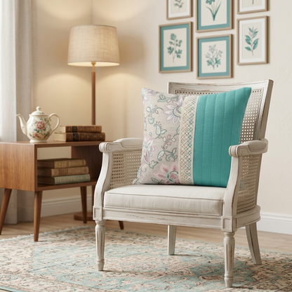 Teal and Floral Panel Cushion Cover - 16x16 Inches (CD)