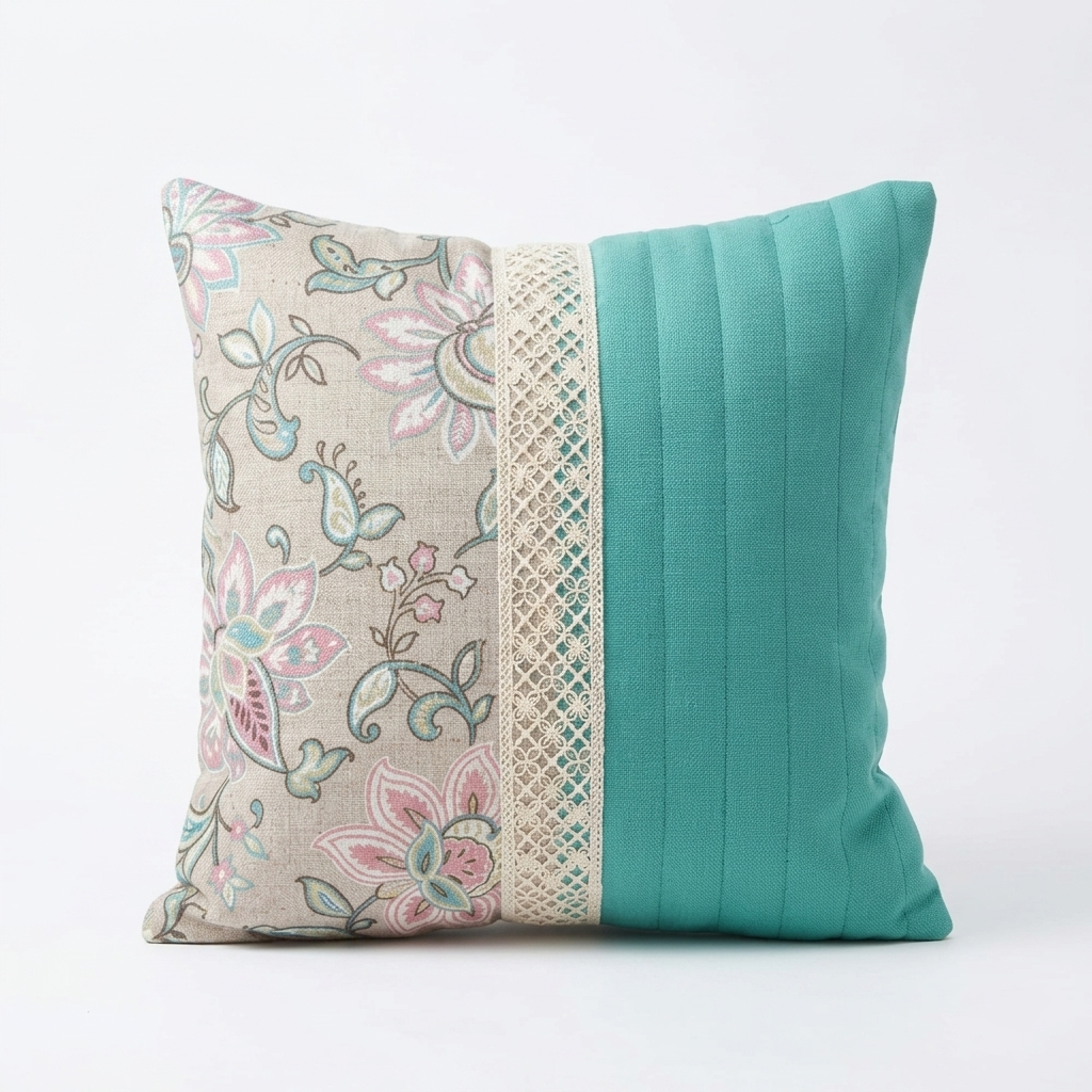 Teal and Floral Panel Cushion Cover - 16x16 Inches (CD)